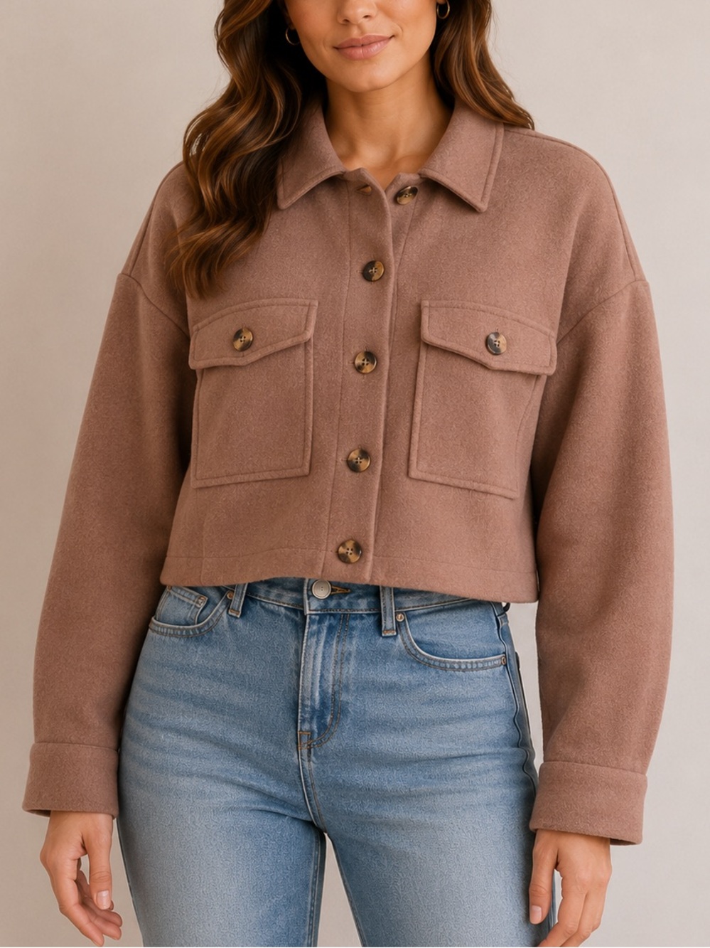 SHEIN Brown Cropped Shacket Jacket Button Front Utility Overshirt Size M